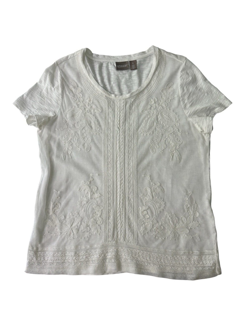 Chico's White Embroidered Mesh Panel Cotton Tee Top Size 1